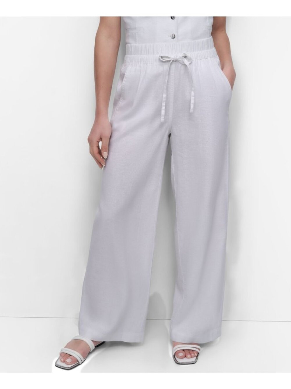 DKNY Women's Wide-Leg Pull-On Linen Pants White Size M MSRP $89